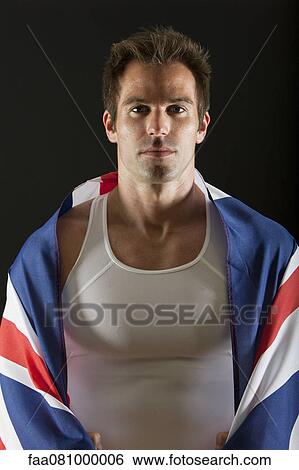 Athlete covered with British flag, portrait View Large Photo Image Stock Photograph - Athlete covered with British flag, portrait. Fotosearch