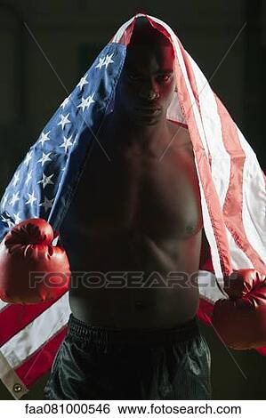 Stock Photograph - Boxer wearing American flag. Fotosearch