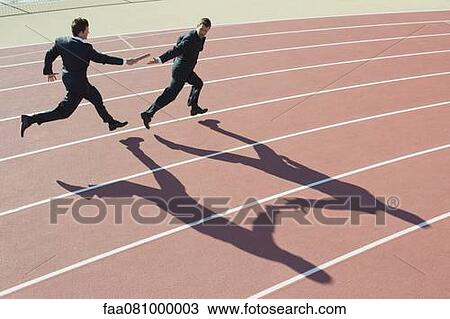 Stock Image - Businessmen running relay race. Fotosearch