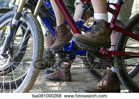 Cyclists taking break while biking in woods, low section View Large Photo Image Stock Photo - Cyclists taking break while biking in woods, low section. Fotosearch