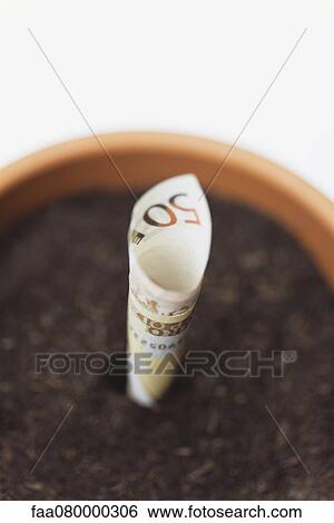 Stock Photograph - Fifty euro banknote planted in flower pot. Fotosearch