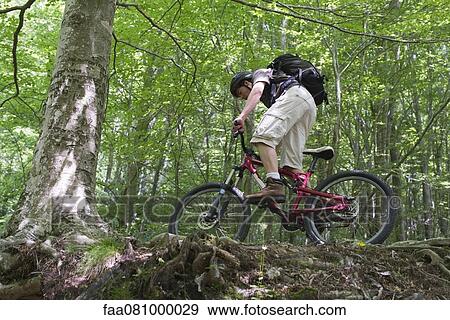 Stock Photo - Young man riding mountain bike in woods, low angle view. Fotosearch
