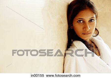 Woman in bathrobe, looking at camera, portrait View Large Photo Image Stock Photography - Woman in bathrobe, looking at camera, portrait. Fotosearch