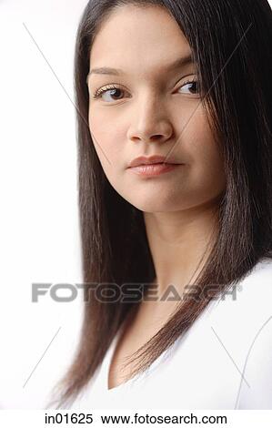 Woman with long straight hair looking at camera View Large Photo Image Stock Photography - Woman with long straight hair looking at camera. Fotosearch