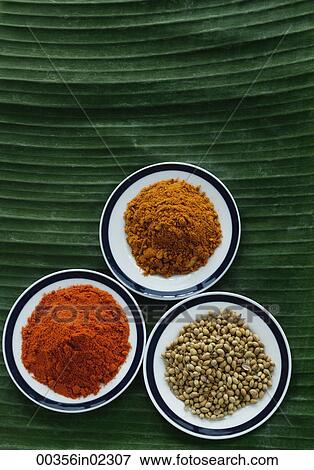 Stock Photo - Still life of curry and masala powder on a banana leaf. Fotosearch