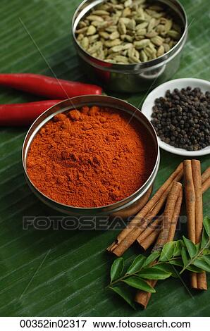 Still life of masala powder, seeds, cinnamon sticks and red chillies View Large Photo Image Stock Photo - Still life of masala powder, seeds, cinnamon sticks and red chillies. Fotosearch