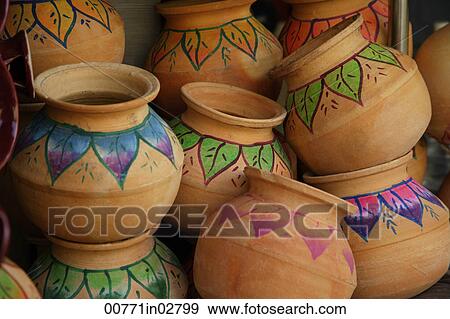 Hand painted Indian clay pots. View Large Photo Image Stock Photo - Hand painted Indian clay pots.. Fotosearch