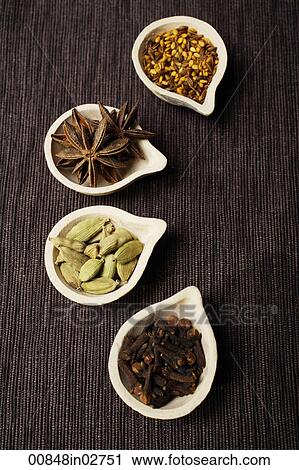 Stock Image - Indian spices in clay pots.. Fotosearch