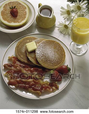 High angle view of pancakes and bacon View Large Photo Image Stock Photo - High angle view of pancakes and bacon. Fotosearch