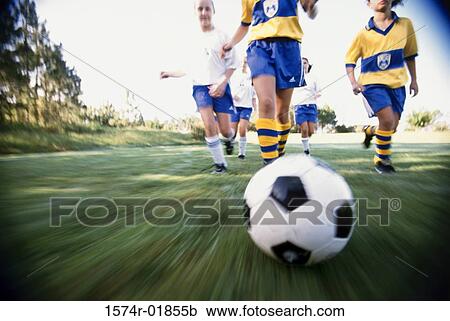 Low section view of a girl's soccer team running after a soccer ball View Large Photo Image Stock Image - Low section view of a girl's soccer team running after a soccer ball. Fotosearch