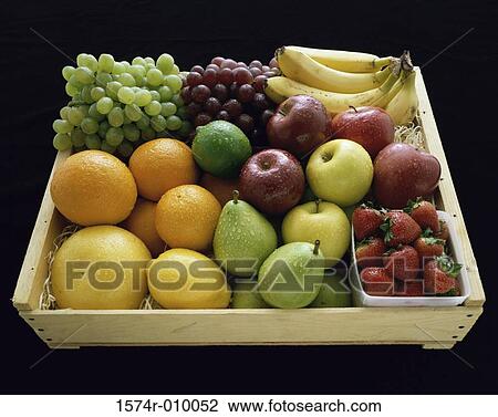 Stock Image - Various fruits in a wooden crate. Fotosearch