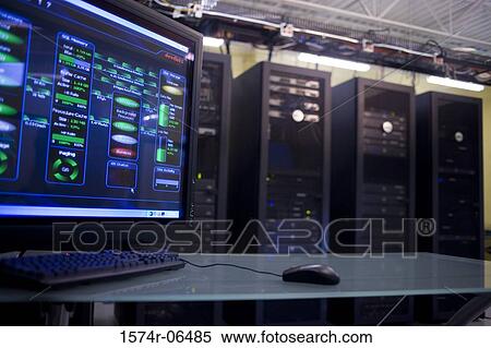 Close-up of a computer monitor in front of network servers View Large Photo Image Stock Photography - Close-up of a computer monitor in front of network servers. Fotosearch