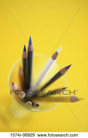 Stock Photo - Close-up of colored pencils in a container. Fotosearch