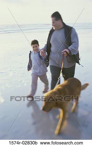 Father and his son walking with their dog on the beach View Large Photo Image Stock Image - Father and his son walking with their dog on the beach. Fotosearch