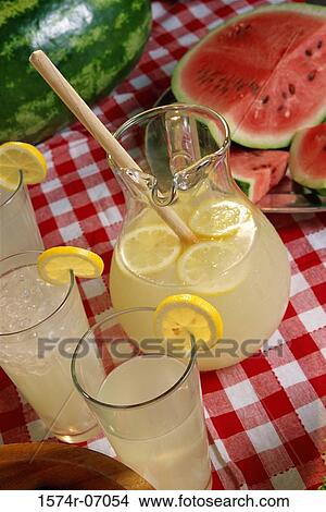 Picture - Glass and jug of lemonade. Fotosearch