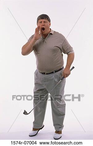 Picture - Portrait of a man standing holding a golf club and shouting. Fotosearch