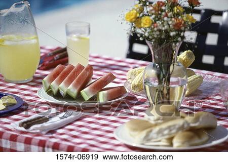 Watermelon slices and corn on the cob on a picnic table View Large Photo Image Stock Photo - Watermelon slices and corn on the cob on a picnic table. Fotosearch