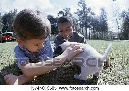 Close-up of two boys playing with a puppy on a lawn View Large Photo Image Stock Photography - Close-up of two boys playing with a puppy on a lawn. Fotosearch