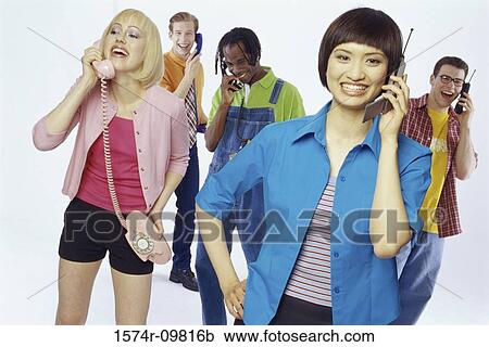 Stock Image - Group of young people talking on telephones. Fotosearch