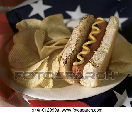 High angle view of a hot dog with chips on a plate View Large Photo Image Stock Image - High angle view of a hot dog with chips on a plate. Fotosearch