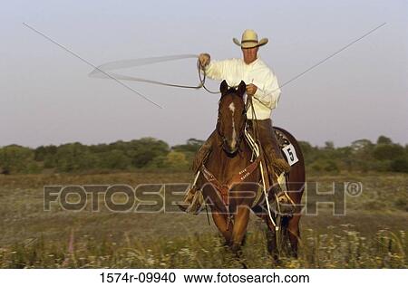Stock Image - Portrait of a cowboy riding a horse holding a lasso. Fotosearch