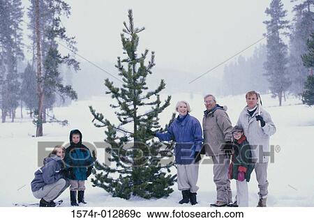 Stock Image - Portrait of a family standing in front of a Christmas tree in snow. Fotosearch