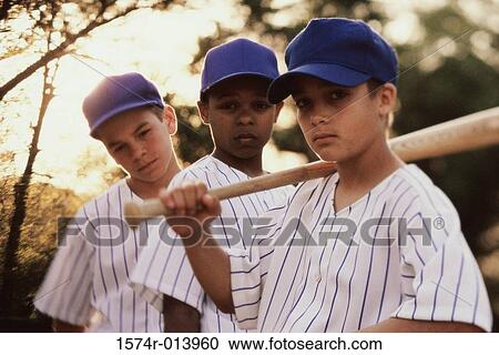 Stock Image - Portrait of three baseball players with a baseball bat. Fotosearch