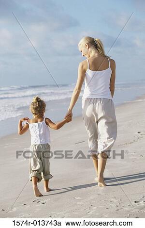 Rear view of a mother walking with her daughter on the beach View Large Photo Image Stock Image - Rear view of a mother walking with her daughter on the beach. Fotosearch