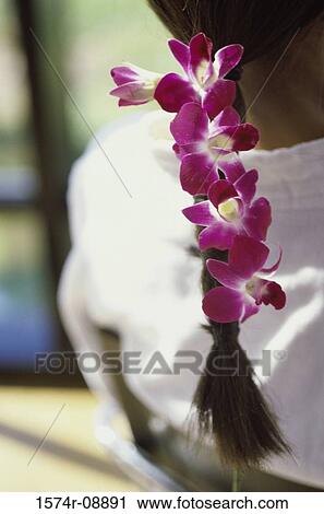 Rear view of a woman with flowers in her plait View Large Photo Image Stock Image - Rear view of a woman with flowers in her plait. Fotosearch