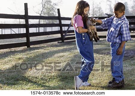 Side profile of a boy and girl playing with a lamb View Large Photo Image Stock Image - Side profile of a boy and girl playing with a lamb. Fotosearch