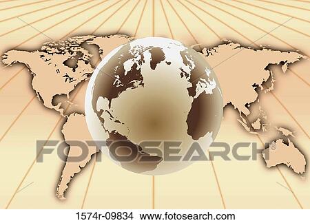 Picture - World map with a globe superimposed. Fotosearch