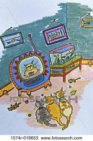 Stock Image - Cats Watching TV Jane Butler (b. 1949 American) Pencil/pen & ink Private Collection. Fotosearch