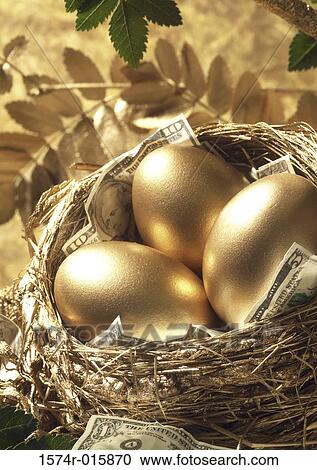 Stock Image - Close-up of golden eggs with paper currency in a bird's nest. Fotosearch