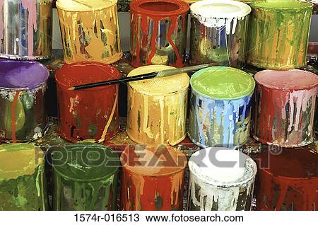 Stock Image - Close-up of large group of paint cans. Fotosearch