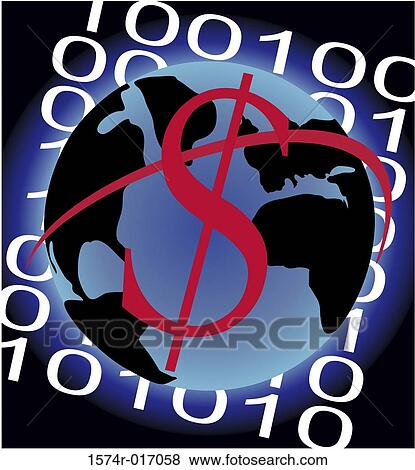 Stock Photo - Dollar sign on a globe with the binary code in the background. Fotosearch
