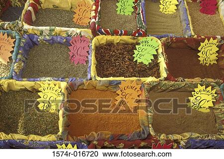Stock Image - High angle view of spices with price tags. Fotosearch
