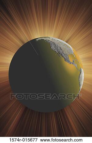 Stock Photo - Illustration of a globe with glowing rays in the background. Fotosearch