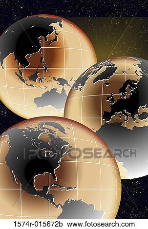 Stock Image - Illustration of three globes. Fotosearch