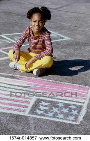 Portrait of a girl drawing an American flag on the ground with chalk View Large Photo Image Stock Photo - Portrait of a girl drawing an American flag on the ground with chalk. Fotosearch