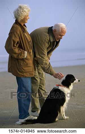 Stock Photography - Side profile of a senior couple standing on the beach with their dog. Fotosearch
