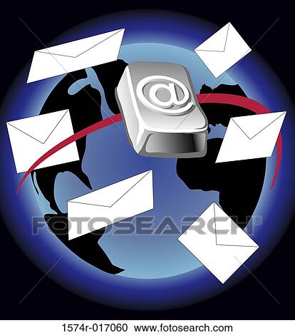 Stock Image - @ symbol and e-mail symbols floating around a globe. Fotosearch