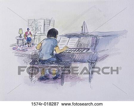 Stock Photo - The Piano Lesson 1994 Diana Ong (b. 1940 Chinese-American) Watercolor Private Collection. Fotosearch