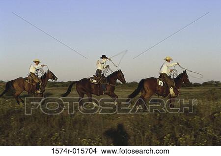 Picture - Three cowboys riding horses. Fotosearch