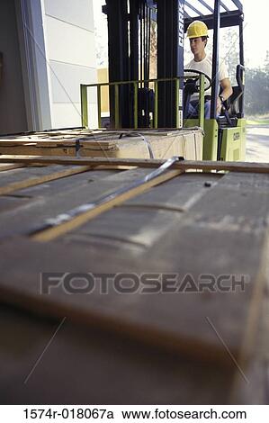 Young man sitting in a forklift View Large Photo Image Stock Image - Young man sitting in a forklift. Fotosearch