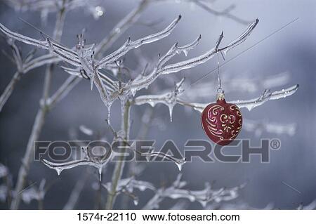Stock Image - Christmas ornament hanging on a frozen tree. Fotosearch