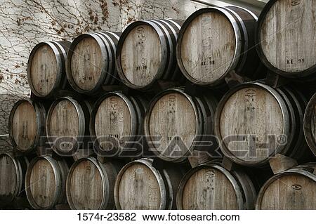Stock Image - Close-up of a stack of barrels, Sonoma, California, USA. Fotosearch