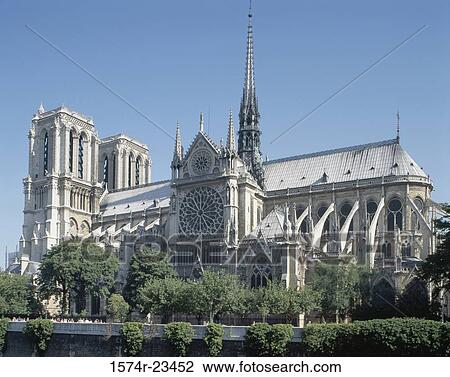 Stock Image - Facade of a cathedral, Notre Dame Cathedral, Paris, France. Fotosearch