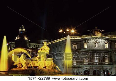 Fountain lit up at night, Cibeles Fountain, Plaza de Cibeles, Madrid, Spain View Large Photo Image Stock Photo - Fountain lit up at night, Cibeles Fountain, Plaza de Cibeles, Madrid, Spain. Fotosearch