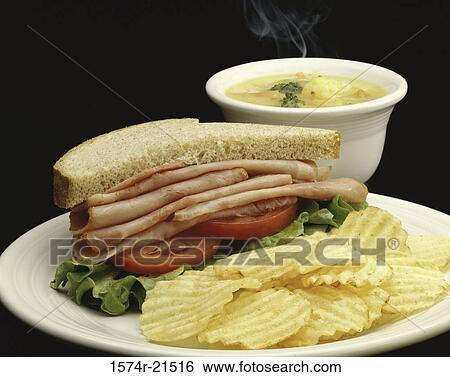 Ham sandwich with potato chips and soup View Large Photo Image Stock Photograph - Ham sandwich with potato chips and soup. Fotosearch