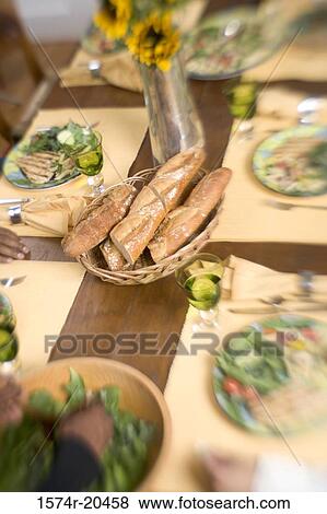 High angle view of a bread basket with place settings on a dining table View Large Photo Image Stock Photo - High angle view of a bread basket with place settings on a dining table. Fotosearch